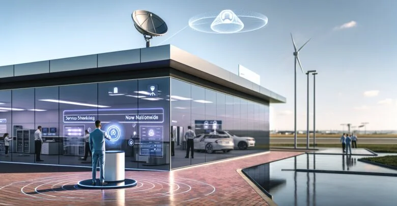 Desigur! Iată o descriere pentru o imagine widescreen realistă și sugestivă care să reflecte esența articolului: Imaginea se desfășoară pe un orizont larg, începe cu un showroom modern al unei reprezentanțe auto Penske, cu clădirea elegantă și fațada de sticlă, reflectând cerul albastru. În prim plan, un client stă în fața unui terminal digital de ultimă generație, interacționând cu un asistent virtual AI care este proiectat holografic. Terminalul afișează o interfață prietenoasă cu utilizatorul, arătând un program de planificare a serviciilor, cu iconițe intuitive și o hartă interactivă. În fundal, tehnicieni auto lucrează eficient în service, evidențiind un proces bine organizat și tehnologizat. Deasupra clădirii vezi antene parabolice și un nor de date translucide care simbolizează interconectivitatea și tehnologia avansată AI la scară națională. Un banner discret afișat pe clădire anunță "AI Service Scheduling Now Nationwide". Lumina de zi este clară, accentuând un sentiment de inovație și schimbare pozitivă, iar totul este stilizat într-o manieră curată și modernă, reflectând progresul și adaptabilitatea din industria auto. Această scenă captează perfect mesajul expansiunii tehnologice și eficiența adusă de integrarea AI în programarea serviciilor Penske.