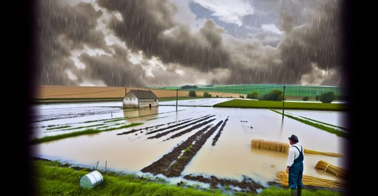 Pentru a crea o imagine realistă și sugestivă inspirată de articolul despre pagubele din sectorul agricol din Galați, rezultat al inundațiilor, uite cum poți proceda: 1. **Format widescreen (16:9):** Menținerea unui raport de aspect tipic ecranelor moderne, ideal pentru redarea detaliilor. 2. **Fundal dramatic:** Cer înnorat și ploaie abundentă surprinsă în mișcare, simbolizând natura necontrolabilă și devastatoare a inundațiilor. 3. **Campuri inundate:** Arată cum apa acoperă câmpurile de culturi, cum ar fi grâul sau floarea-soarelui, poate chiar unele lanuri de porumb. Acestea trebuie să fie scufundate parțial în apă, pentru a sugera amploarea distrugerilor. 4. **Fermier îngrijorat:** Un fermier poate sta la marginea unuia dintre lanurile inundate, privind cu îngrijorare spre apă. Acesta poartă haine tipice de lucru și gumari, fiind un simbol al celor afectați direct de dezastru. 5. **Detalii vizuale sugestive:** Adăugă elemente care să sugereze efectele devastatoare, cum ar fi utilaje agricole parțial sub apă, unelte plutind sau poate o mică structură, cum ar fi un hambar, de asemenea afectată de ape. 6. **Paletă de culori:** Folosește tonuri de gri, albastru închis și maron pentru a evoca o atmosferă sumbră și îngrijorătoare, specifică unei calamități naturale. 7. **Aspecte contrastante:** Apa trebuie să aibă textură și adâncime vizuală, arătând efectul inundațiilor. Detaliile din prim-plan, cum ar fi brazdele și plantele, pot sublinia contrastul dintre starea normală și cea dezastruoasă. Această compoziție ar trebui să fie captivantă și să transmită clar amploarea pierderilor agricole și impactul emotional asupra comunității locale.