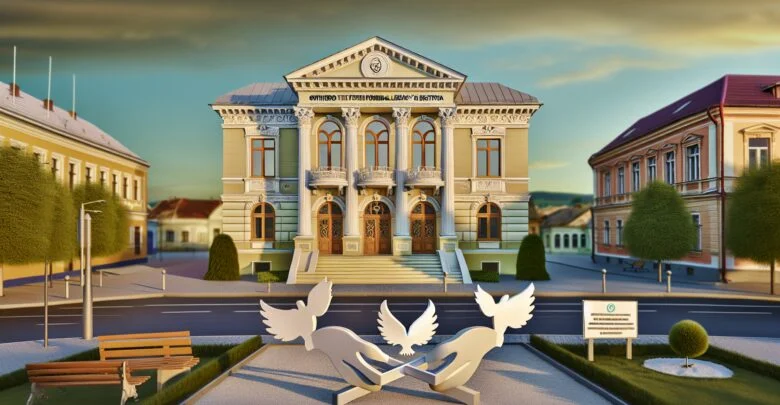 Pentru a crea o imagine realistă și sugestivă care reflectă esența articolului menționat, putem imagina următoarea scenă: **Scena principală: Clădirea unei biblioteci vechi în Bistrița** - **Clădirea bibliotecii**: În centrul imaginii, o clădire istorică, frumoasă și impunătoare, reprezentând fosta bibliotecă din Bistrița. Ar putea avea detalii arhitecturale clasice, precum coloane, ferestre mari și o intrare impunătoare. Clădirea este bine iluminată, sugerând o nouă fază de început. - **Tabelă cu titlul articolului**: În fața clădirii, pe o tabelă elegantă, este clar vizibil titlul articolului "Proprietarii fostei biblioteci din Bistrița au renunțat la procesul intentat Direcției pentru Cultură BN". Acest element textual ar putea fi stilizat ca parte a arhitecturii sau ca un banner. - **Elemente simbolice**: În jurul clădirii, câteva elemente simbolice pentru unitate și înțelegere, poate reprezentate prin mâini care se strâng sau porumbei albi zburând, semnificând rezolvarea conflictului. - **Culori și atmosferă**: Dominantă caldă și prietenoasă a paletei de culori, sugerând optimism și progres. Lumina este de asemenea importantă – ar putea fi un apus sau o lumină de dimineață care creează o atmosferă liniștitoare și de speranță. - **Detalii de fundal**: În fundal, orizontul orașului Bistrița, cu clădiri similare istorice și o stradă animată, pentru a contextualiza și mai bine locația și a adăuga profunzime imaginii. Această compoziție ar transmite clar mesajul principal al articolului, subliniind momentul de înțelegere și începerea unui nou capitol pentru clădirea simbolică în orașul Bistrița.