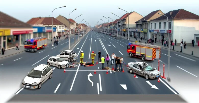 Pentru a crea o imagine realistă și sugestivă care reflectă esența articolului menționat, iată o descriere detaliată a ceea ce ar putea conține: 1. **Cadru Widescreen:** Asigură-te că imaginea are un format panoramic, capturând o scenă largă care poate include mai multe elemente. 2. **Drum Urbane-Poreclise:** Redă o șosea aglomerată, reprezentând șoseaua Borșului din Oradea. Drumul ar putea avea mai multe benzi și să pară aglomerat pentru a sublinia importanța și traficul intens al zonei. 3. **Vehicule Implicate în Accident:** Include patru autovehicule avariate, fiecare arătând diferite grade de deteriorare. De exemplu, una dintre mașini poate avea partea frontală zdrobită, alta lateralul avariat, reflectând impactul și diversitatea accidentului. 4. **Echipaje de Intervenție:** Un echipaj de poliție și unul de pompieri ar putea fi prezente în imagine, subliniind gravitatea situației. Pompierii sau paramedicii ar putea să acorde ajutor unei persoane, sugerând intervenția de urgență. 5. **Reacția Martorilor:** Redă câțiva martori privind scena accidentului cu îngrijorare. Aceștia ar putea fi pe trotuar sau în apropierea drumului, adăugând un element uman scenariului. 6. **Detalii Funcționale:** Elementele rutiere precum semne de circulație, parapete sau marcaje rutiere ar putea fi incluse pentru a întări caracterul realist al scenei. 7. **Cer și Lumină:** Cerul ar putea fi senin sau cu nori, iar lumina ar trebui să fie de zi, subliniind claritatea și actualitatea evenimentului. Această compoziție vizuală ar transmite eficient mesajul principal al titlului, ilustrând claritatea unei coliziuni multiple într-un mediu urban aglomerat și intervenția autorităților.